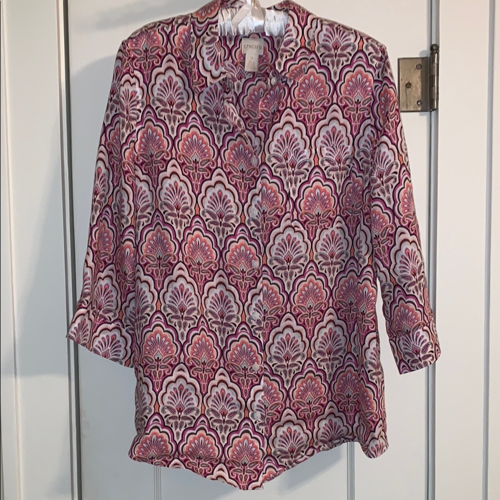 Chico’s Linen Blouse: Pink Paisley, 3/4 Sleeves, Button Down, EUC, Chic Classic